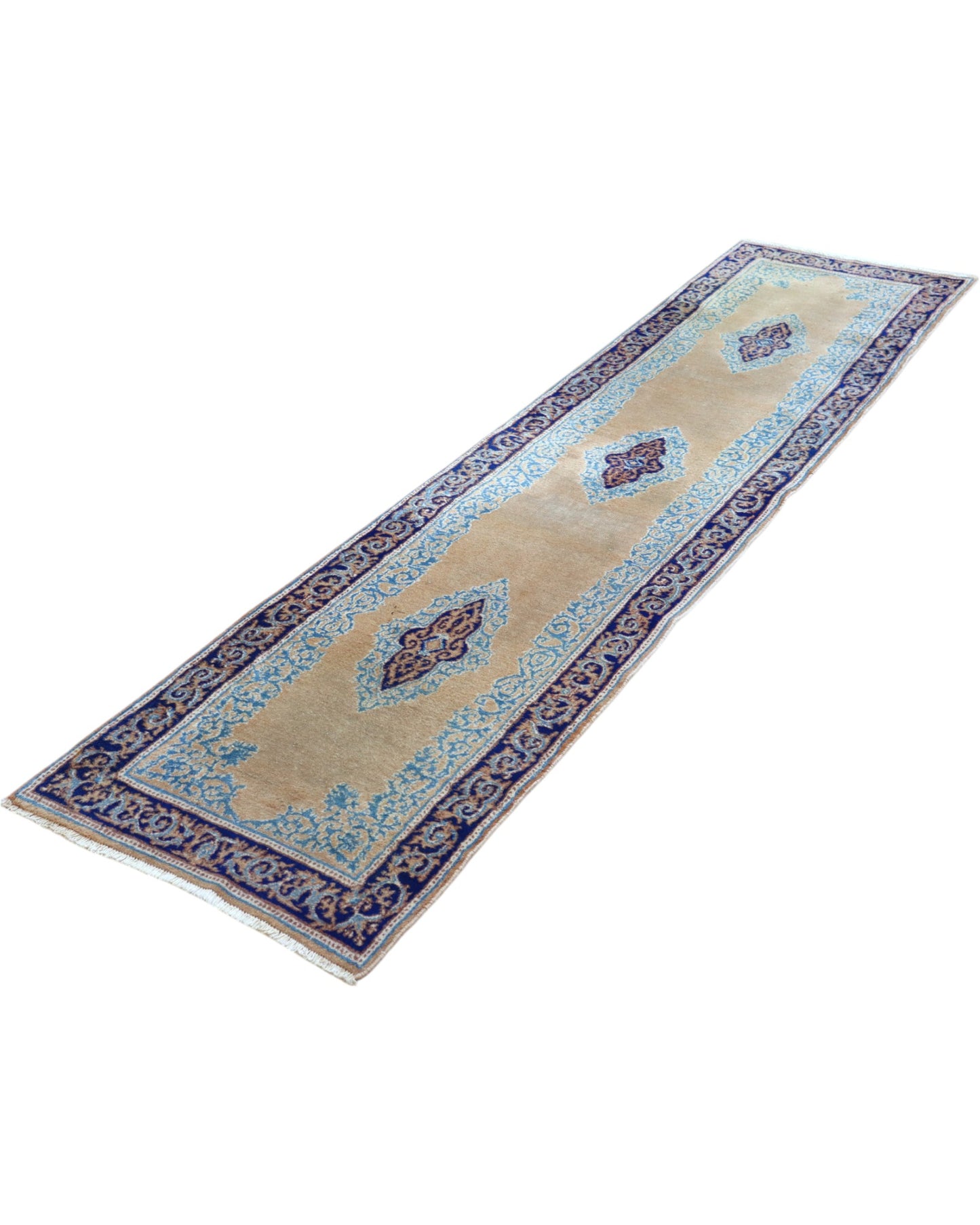 Passatoia Kerman persiana, fondo beige con motivi geometrici, annodato a mano, 297x74 cm.