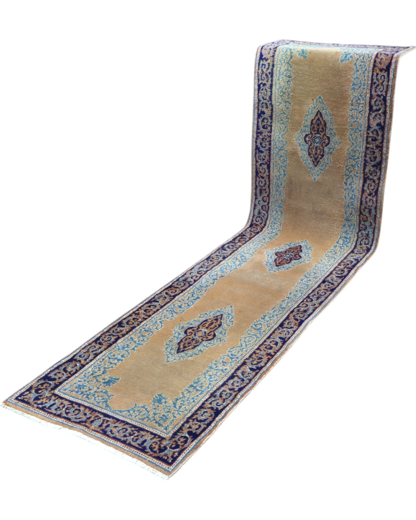 Passatoia Kerman persiana, fondo beige con motivi geometrici, annodato a mano, 297x74 cm.