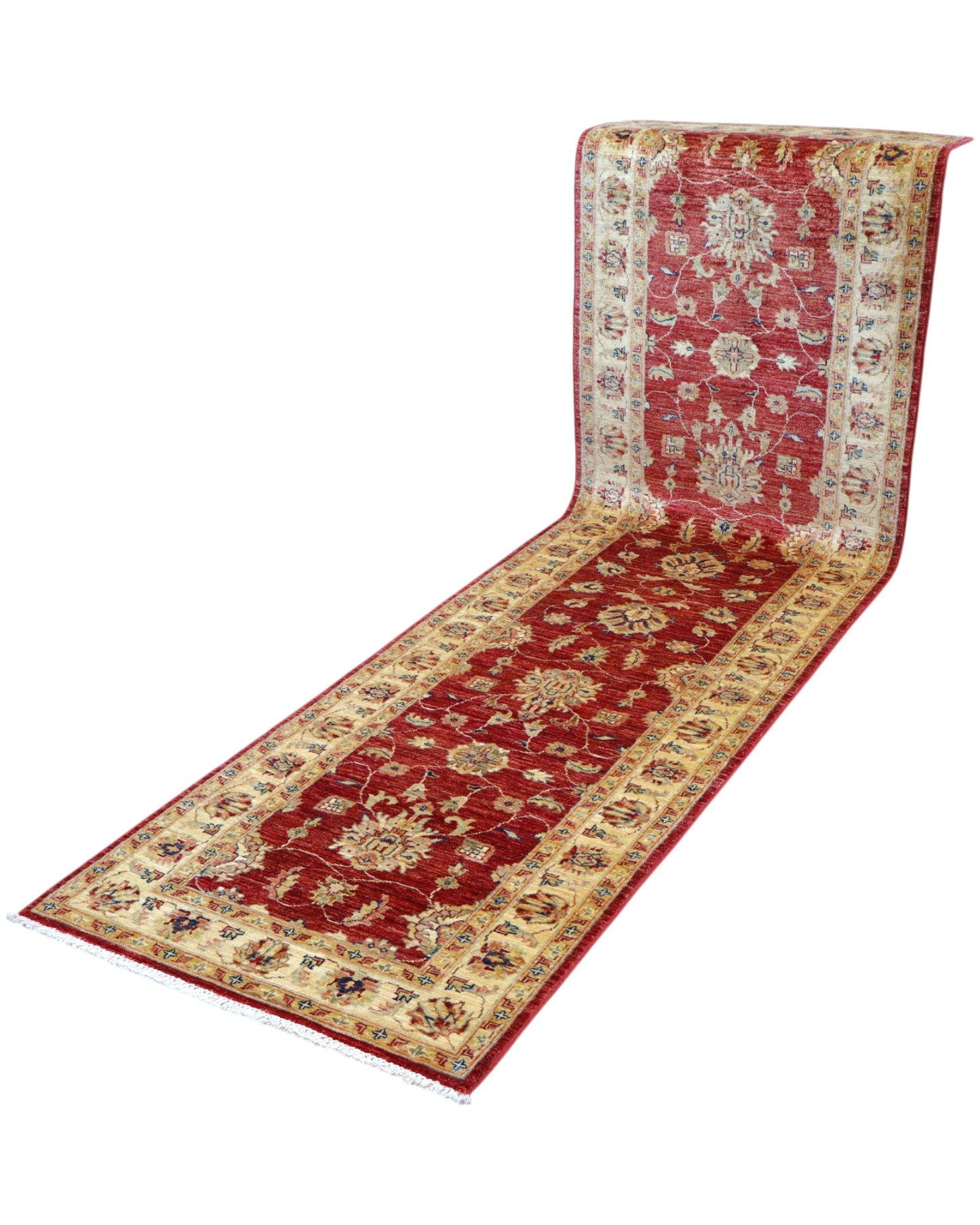 Passatoia Ziegler afgana 301x88 cm annodata a mano in lana, con motivi contemporanei su fondo rosso melograno e un'elegante cornice beige.

