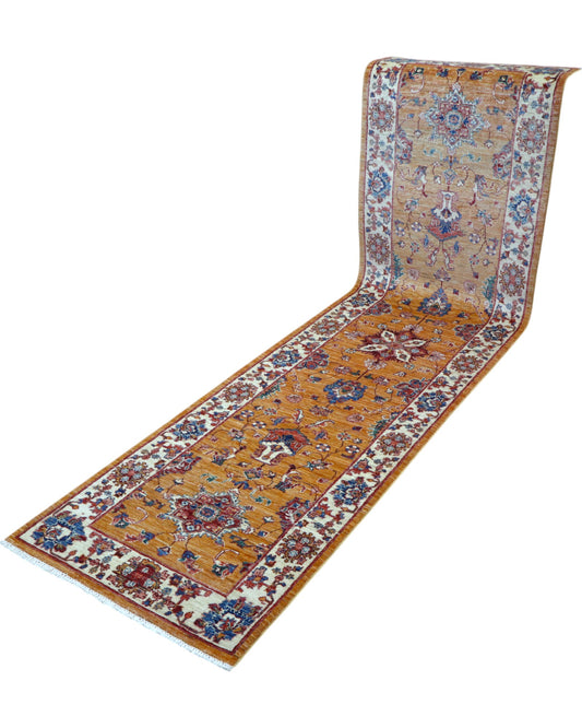 Passatoia Ziegler afgana, oro e beige, annodato a mano, 301x81 cm.