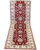 Passatoia Ziegler afgana, rosso melograno con cornice beige e disegno decorativo, annodato a mano, 304x83 cm.