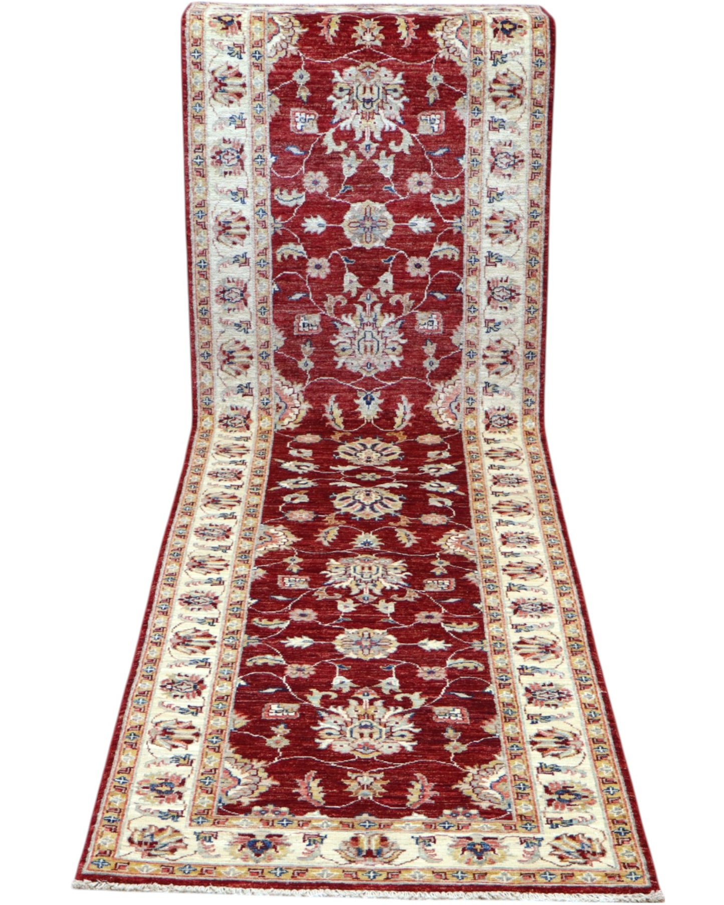 Passatoia Ziegler afgana, rosso melograno con cornice beige e disegno decorativo, annodato a mano, 304x83 cm.