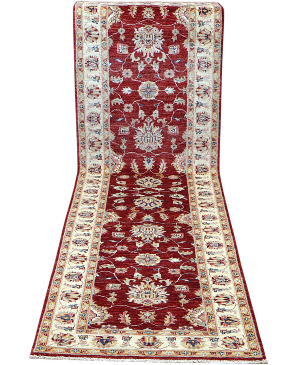Passatoia Ziegler afgana, rosso melograno con cornice beige e disegno decorativo, annodato a mano, 304x83 cm.