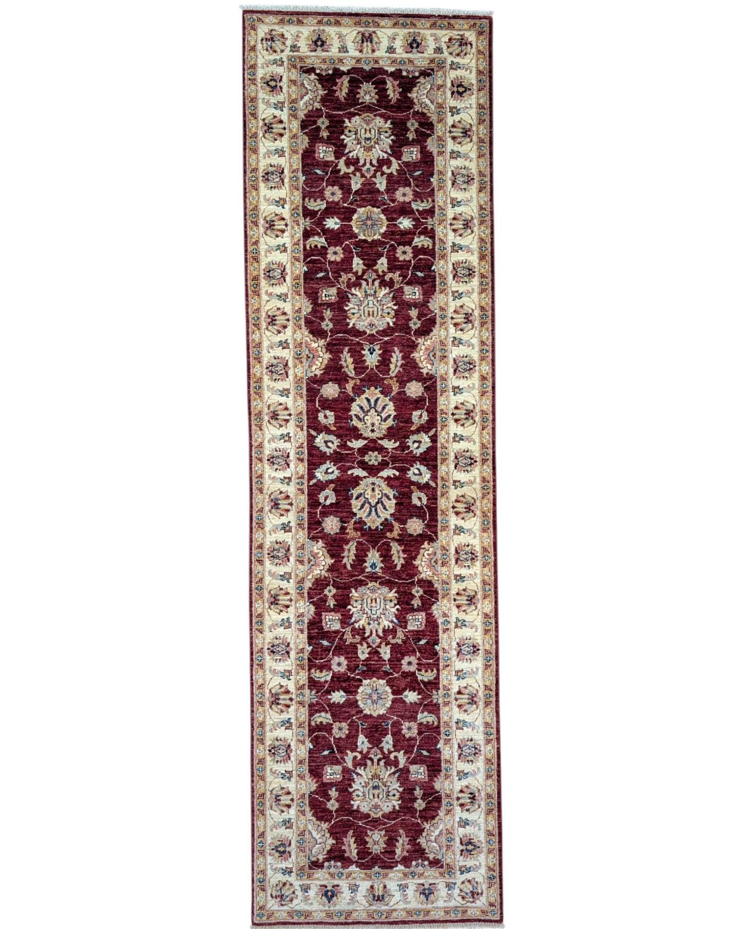 Passatoia Ziegler afgana, rosso melograno con cornice beige e disegno decorativo, annodato a mano, 304x83 cm.