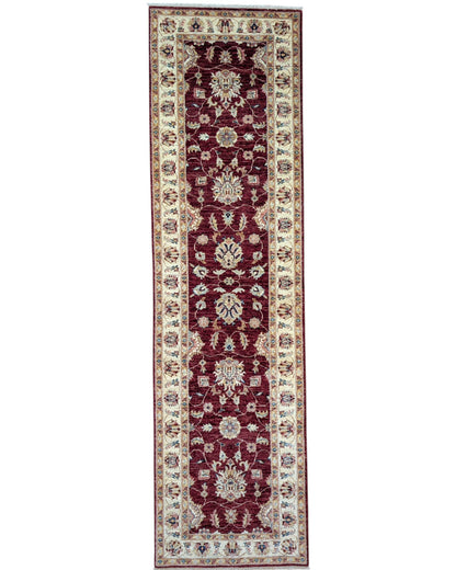 Passatoia Ziegler afgana, rosso melograno con cornice beige e disegno decorativo, annodato a mano, 304x83 cm.