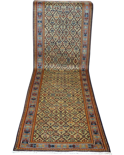 Passatoia turca annodata a mano 304x81 cm in lana e cotone con fondo beige e motivi geometrici tradizionali