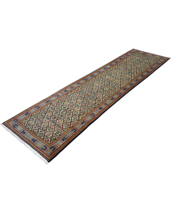 Passatoia turca annodata a mano 304x81 cm in lana e cotone con fondo beige e motivi geometrici tradizionali