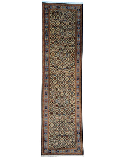 Passatoia turca annodata a mano 304x81 cm in lana e cotone con fondo beige e motivi geometrici tradizionali