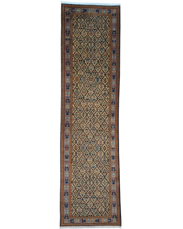 Passatoia turca annodata a mano 304x81 cm in lana e cotone con fondo beige e motivi geometrici tradizionali