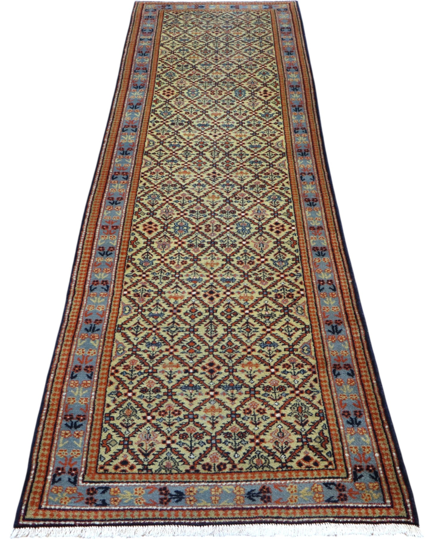 Passatoia turca annodata a mano 304x81 cm in lana e cotone con fondo beige e motivi geometrici tradizionali
