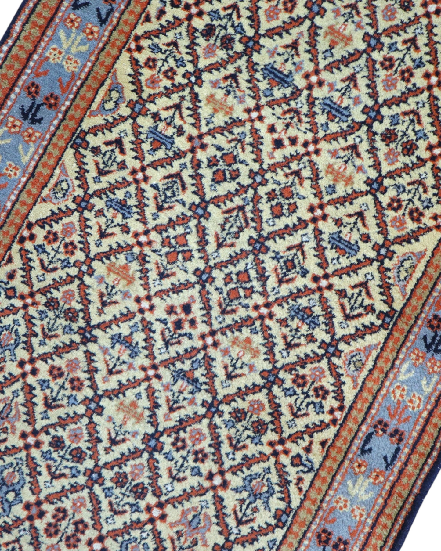 Passatoia turca annodata a mano 304x81 cm in lana e cotone con fondo beige e motivi geometrici tradizionali