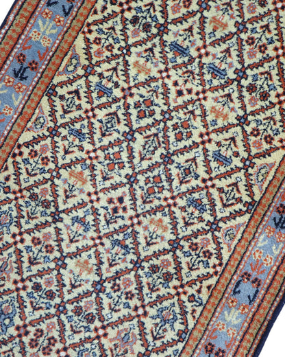 Passatoia turca annodata a mano 304x81 cm in lana e cotone con fondo beige e motivi geometrici tradizionali