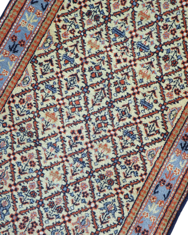 Passatoia turca annodata a mano 304x81 cm in lana e cotone con fondo beige e motivi geometrici tradizionali