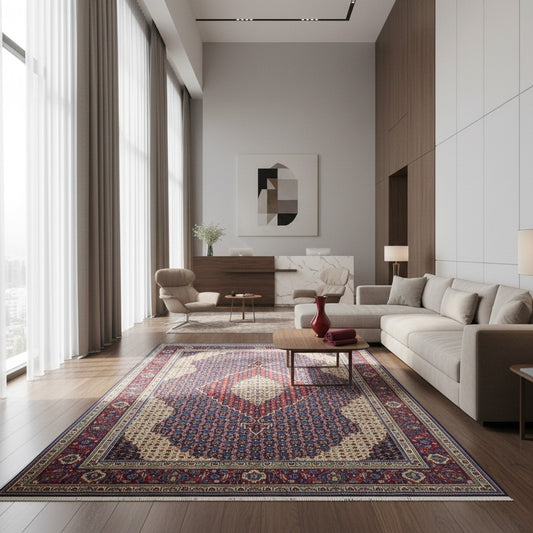 tappeto persiano Arak annodato a mano 360x266 cm rosso e blu con medaglione centrale e motivi floreali minuti