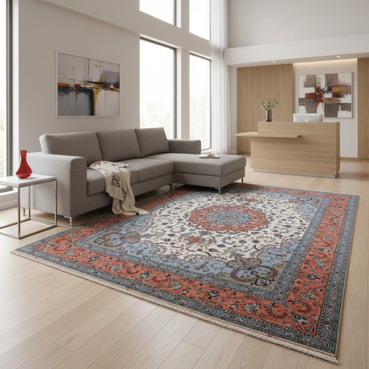Tappeto persiano Tabriz 60Rag 405x290 cm, fondo avorio e azzurro con medaglione centrale rosso e blu, cornice arancio decorata, annodato a mano in lana e seta.