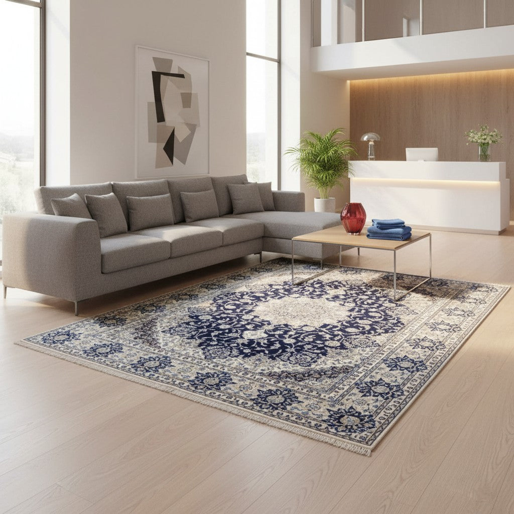 Tappeto persiano Nain 390x297 cm, fondo blu notte con medaglione centrale e motivi floreali avorio e azzurro, annodato a mano in lana vegetale.