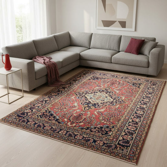 "Tappeto Liliyan persiano con fondo rosa antico e motivi floreali, 346x224 cm, annodato a mano."