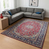 Tappeto Najafabad persiano 350x231 cm, annodato a mano in lana e cotone con colori vegetali, fondo rosso e dettagli blu e avorio.
