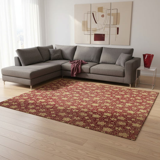 Tappeto Moderno 349x282 cm annodato a mano con fondo rosso e motivi floreali chiari.