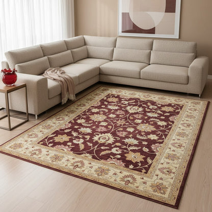 Tappeto Farahan Ziegler 346x272 cm con motivo floreale rosso, beige e oro, annodato a mano con lana pregiata e ordito in cotone robusto.