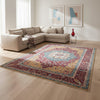 Tappeto Farahan 371x240 cm annodato a mano, rettangolare, fondo rosso con medaglione centrale e motivi ornamentali, realizzato in cotone e lana con colori vegetali.