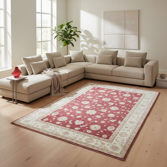 Tappeto Farahan Ziegler rosso melograno con cornice beige e motivi floreali, annodato a mano in Afghanistan con lana e cotone tinti con colori vegetali.