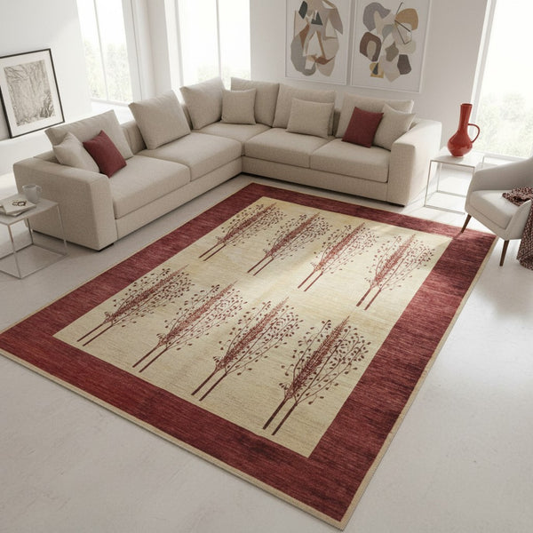 Tappeto Moderno 347x243 cm annodato a mano in lana e cotone con colori vegetali, design elegante beige e bordeaux.