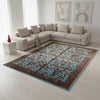Tappeto moderno "Onda Turchese", design di Darios, annodato a mano, fondo marrone bruciato, disegno turchese, 340x243 cm, cotone e lana vegetale, certificato di autenticità incluso.