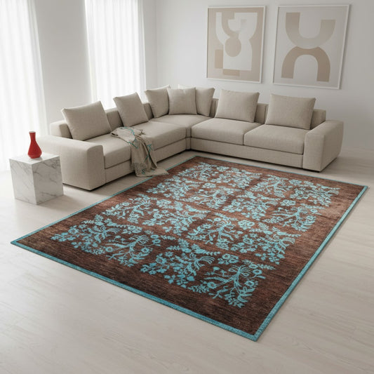 Tappeto moderno "Onda Turchese", design di Darios, annodato a mano, fondo marrone bruciato, disegno turchese, 340x243 cm, cotone e lana vegetale, certificato di autenticità incluso.