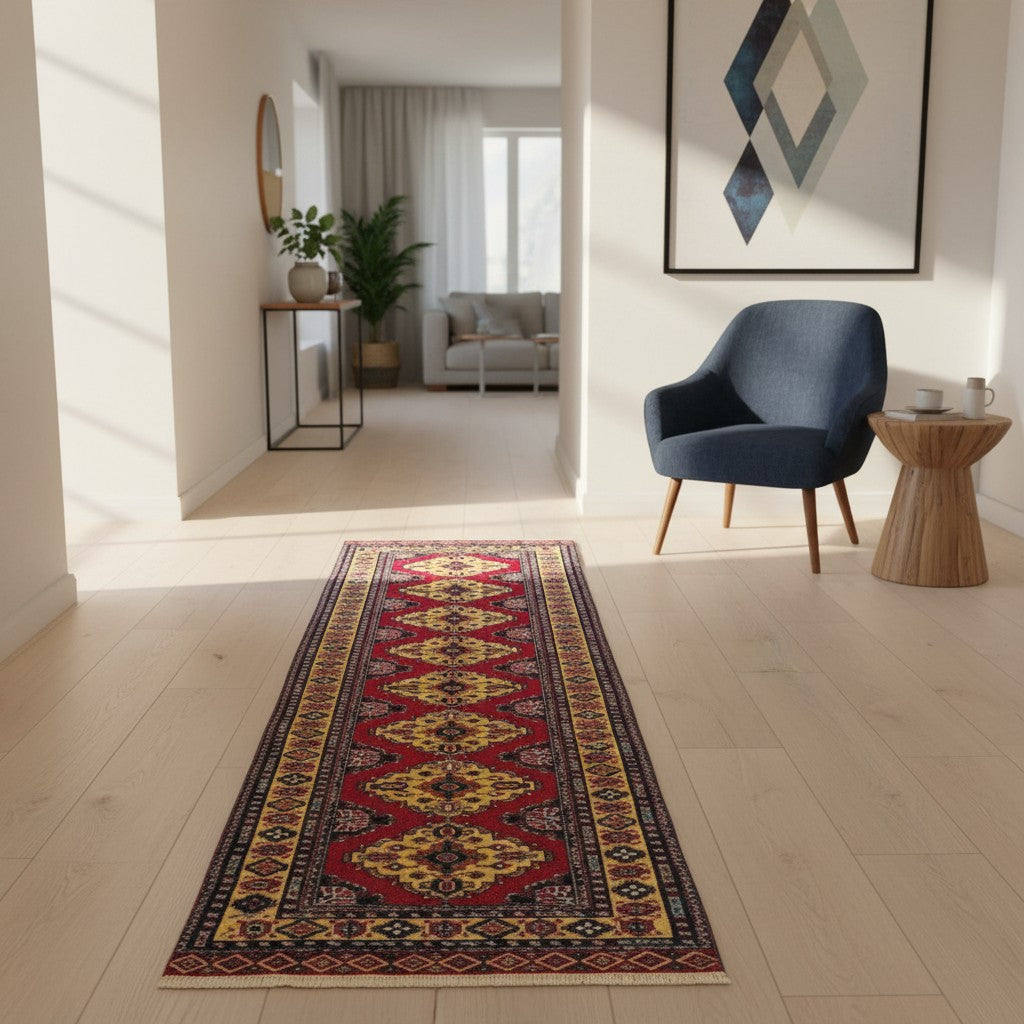 Tappeto Turkman persiano 192x70 cm, corridore con fondo rosso e rombi centrali avorio, annodato a mano in lana.
