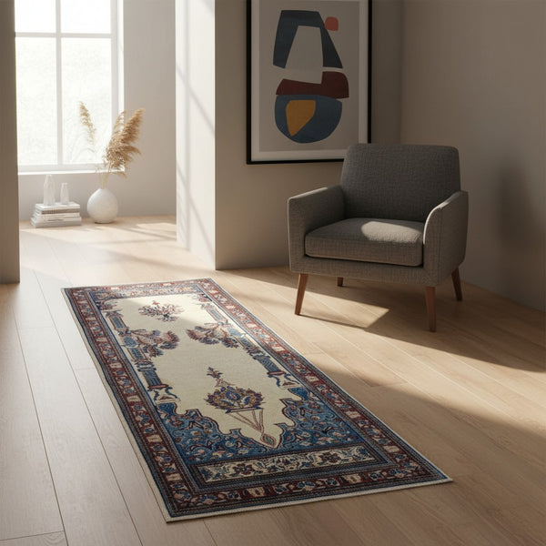 Tappeto Sarough persiano 205x82 cm, corridore con fondo avorio e motivi floreali in blu e rosso, annodato a mano in lana vegetale.