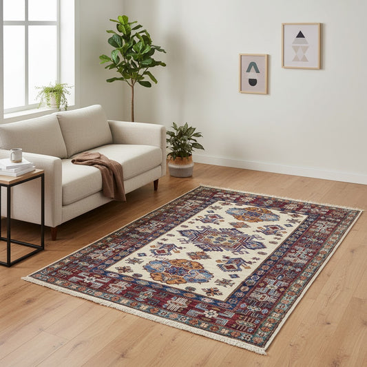 Tappeto Shirvan 145x100 cm, annodato a mano, lana pregiata con motivi geometrici e floreali caucasici.