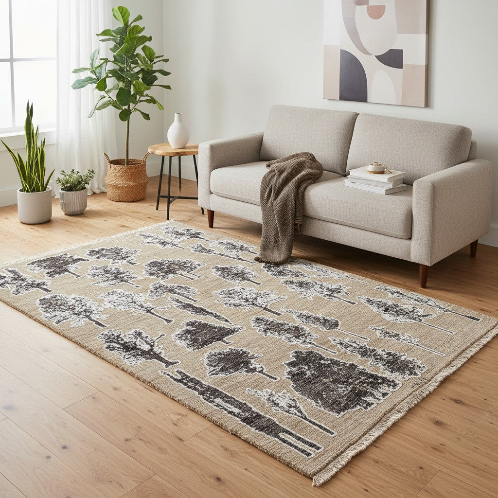 Tappeto Moderno 177x122 cm con fondo beige e motivi ad albero in nero e grigio, tramato ed annodato a mano, provenienza Afghanistan.