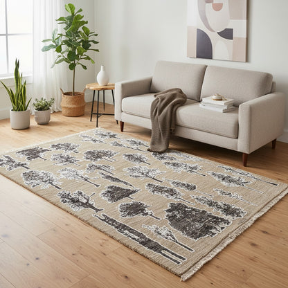 Tappeto Moderno 177x122 cm con fondo beige e motivi ad albero in nero e grigio, tramato ed annodato a mano, provenienza Afghanistan.