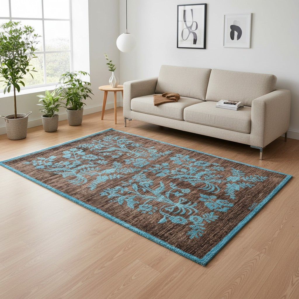 Tappeto Moderno 180x125 cm con fondo marrone e motivi floreali turchesi, tramato ed annodato a mano, provenienza Afghanistan.