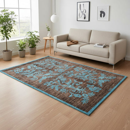 Tappeto Moderno 180x125 cm con fondo marrone e motivi floreali turchesi, tramato ed annodato a mano, provenienza Afghanistan.