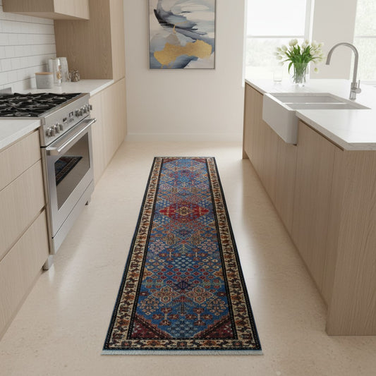 Passatoia Rudbar persiana, fondo blu con disegno geometrico, annodato a mano, 352x74 cm.