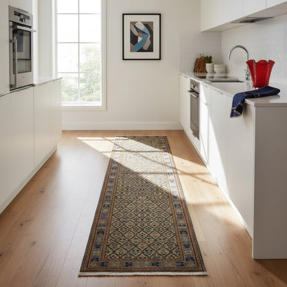 Passatoia turca annodata a mano 304x81 cm in lana e cotone con fondo beige e motivi geometrici tradizionali