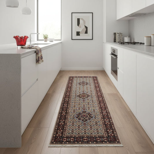 Passatoia persiana Mud annodata a mano 290x80 cm in lana e cotone con fondo beige e motivi geometrici tradizionali