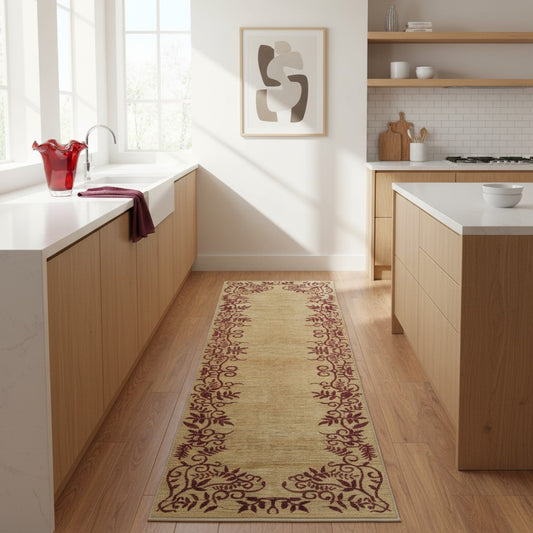 Tappeto Moderno 234x80 cm, Afghanistan, corridore con fondo beige–miele e decorazioni floreali rosse sui bordi, annodato a mano in lana vegetale.