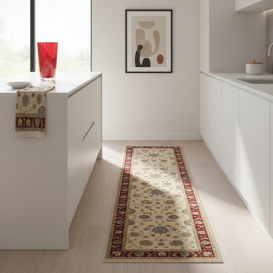 Tappeto Farahan Ziegler afgano, beige con cornice rossa e disegno decorativo, annodato a mano, 290x82 cm.