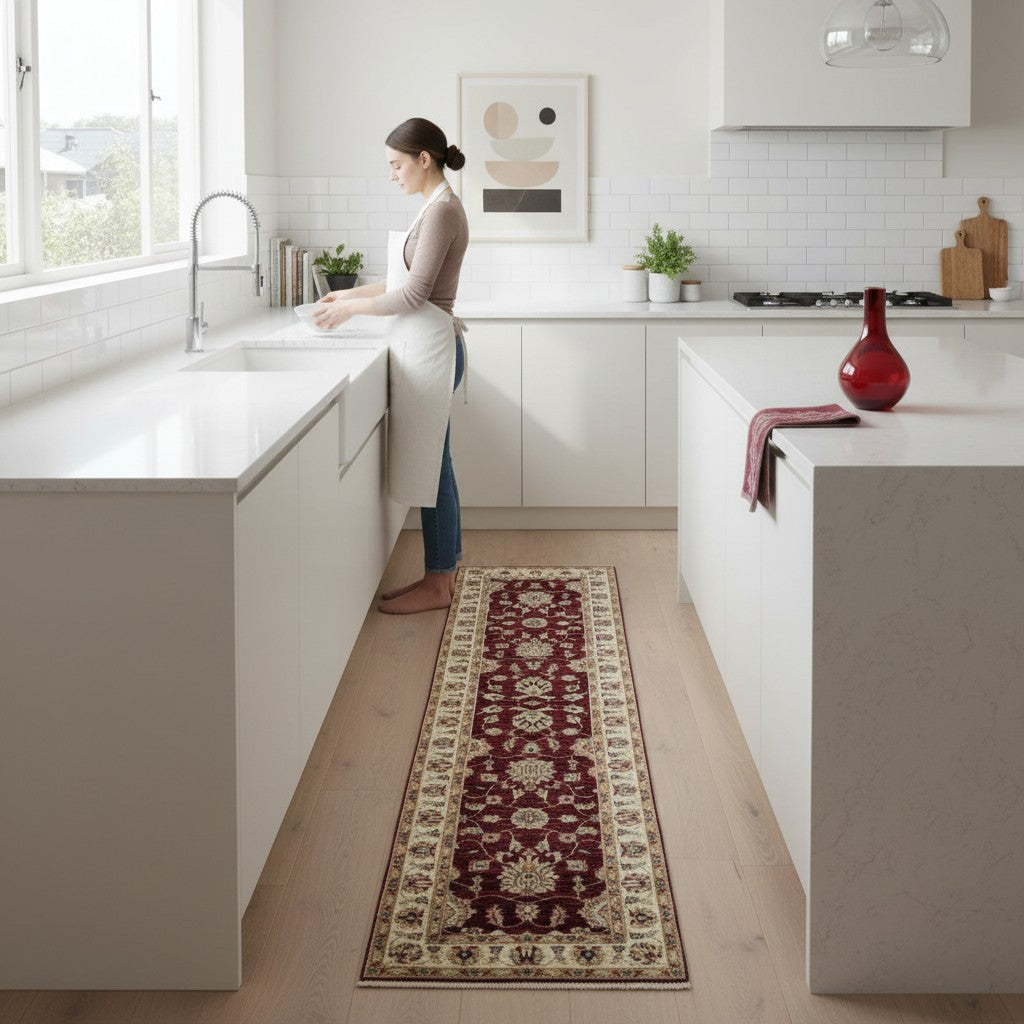 Passatoia Ziegler afgana, rosso melograno con cornice beige e disegno decorativo, annodato a mano, 304x83 cm.