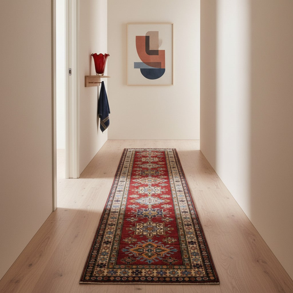 Passatoia Kazak afgana, rosso melograno e beige, annodato a mano, 288x82 cm.