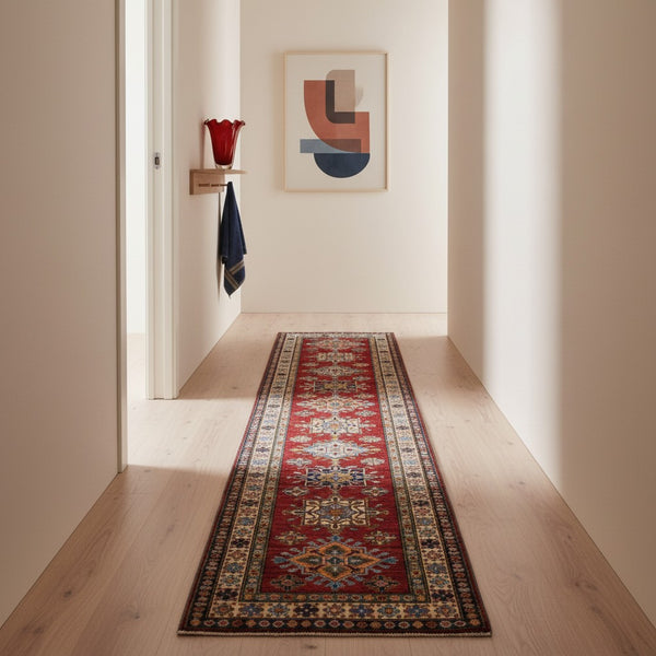 Passatoia Kazak afgana, rosso melograno e beige, annodato a mano, 288x82 cm.