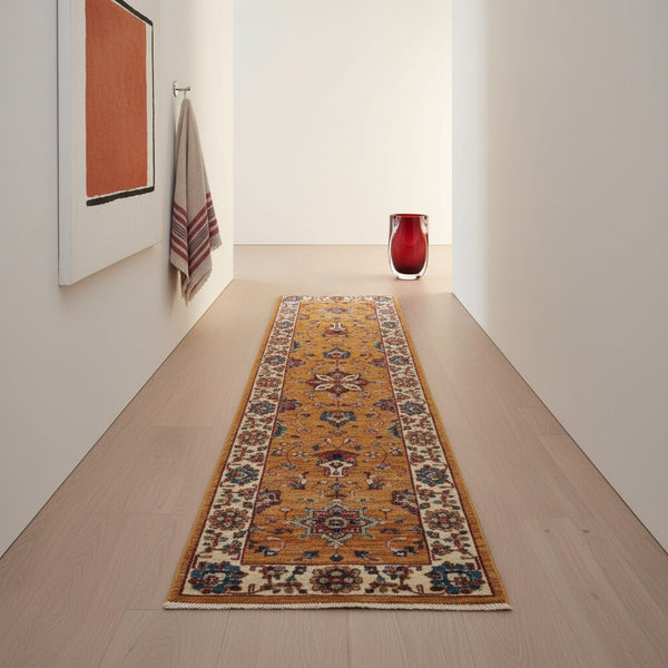 Passatoia Ziegler afgana, oro e beige, annodato a mano, 301x81 cm.