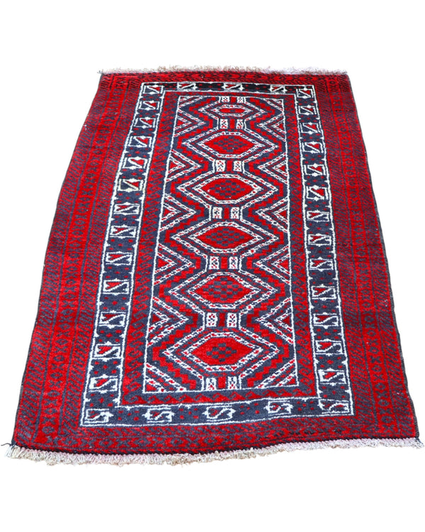 tappeto baluchistan 147x90 cm fatto a mano con motivi geometrici su fondo rosso