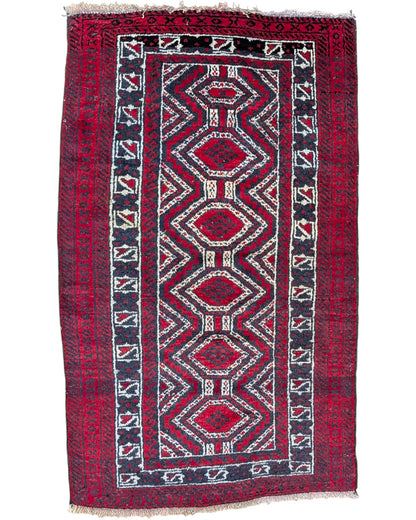 tappeto baluchistan 147x90 cm fatto a mano con motivi geometrici su fondo rosso