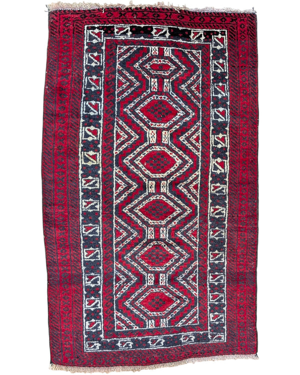 tappeto baluchistan 147x90 cm fatto a mano con motivi geometrici su fondo rosso