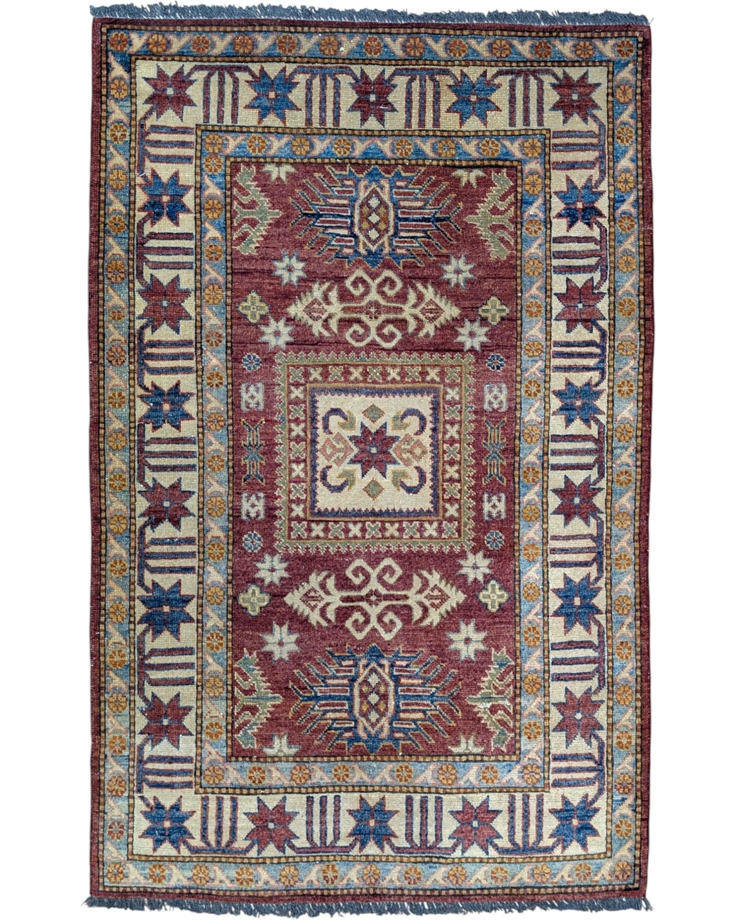 Tappeto Kazak fatto a mano 164x105 cm rosso e blu, ideale per soggiorno.