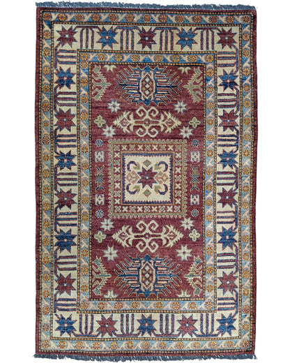Tappeto Kazak fatto a mano 164x105 cm rosso e blu, ideale per soggiorno.